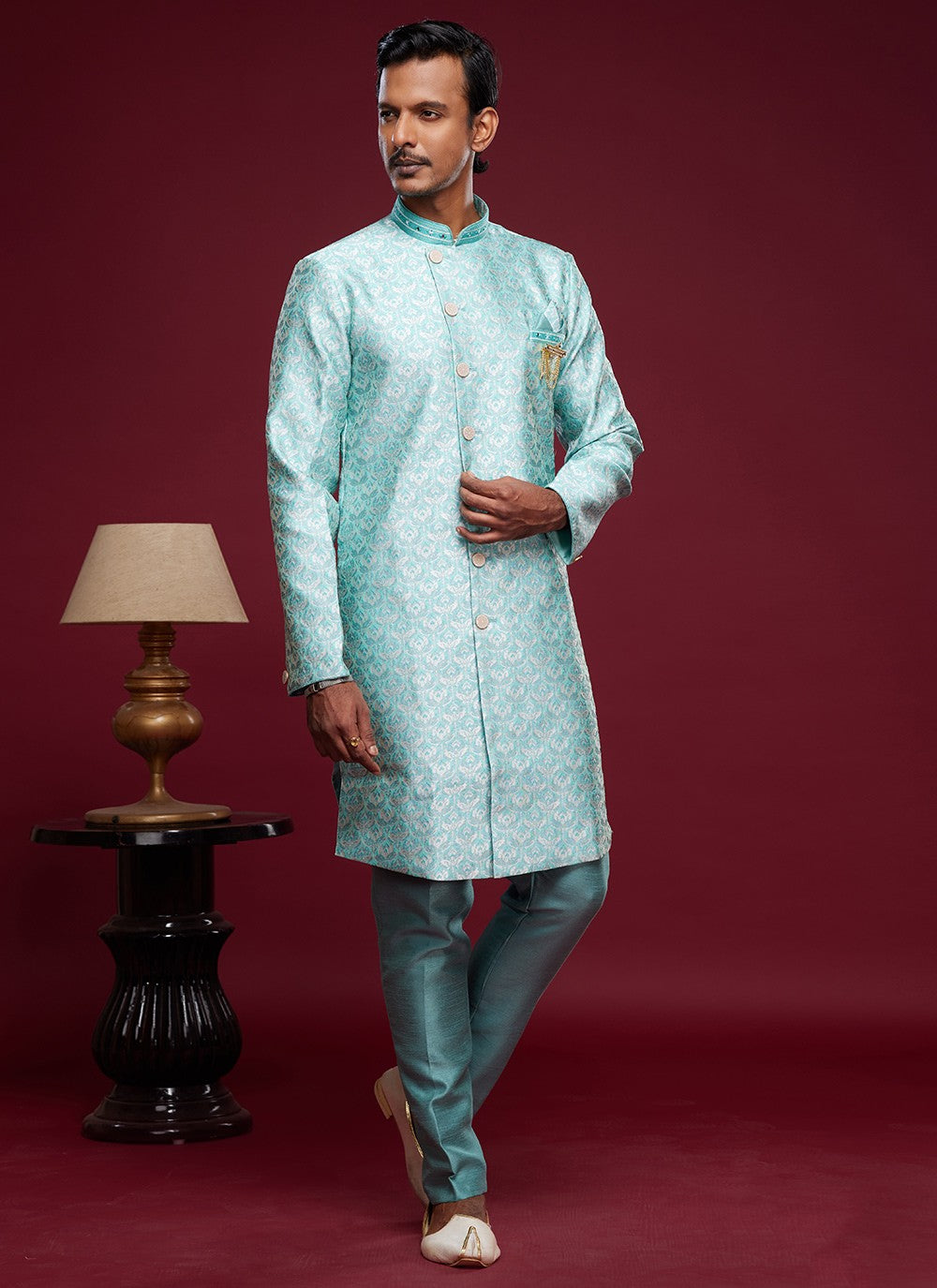 Embroidered Banarasi Jacquard Turquoise Indo Western - M6008