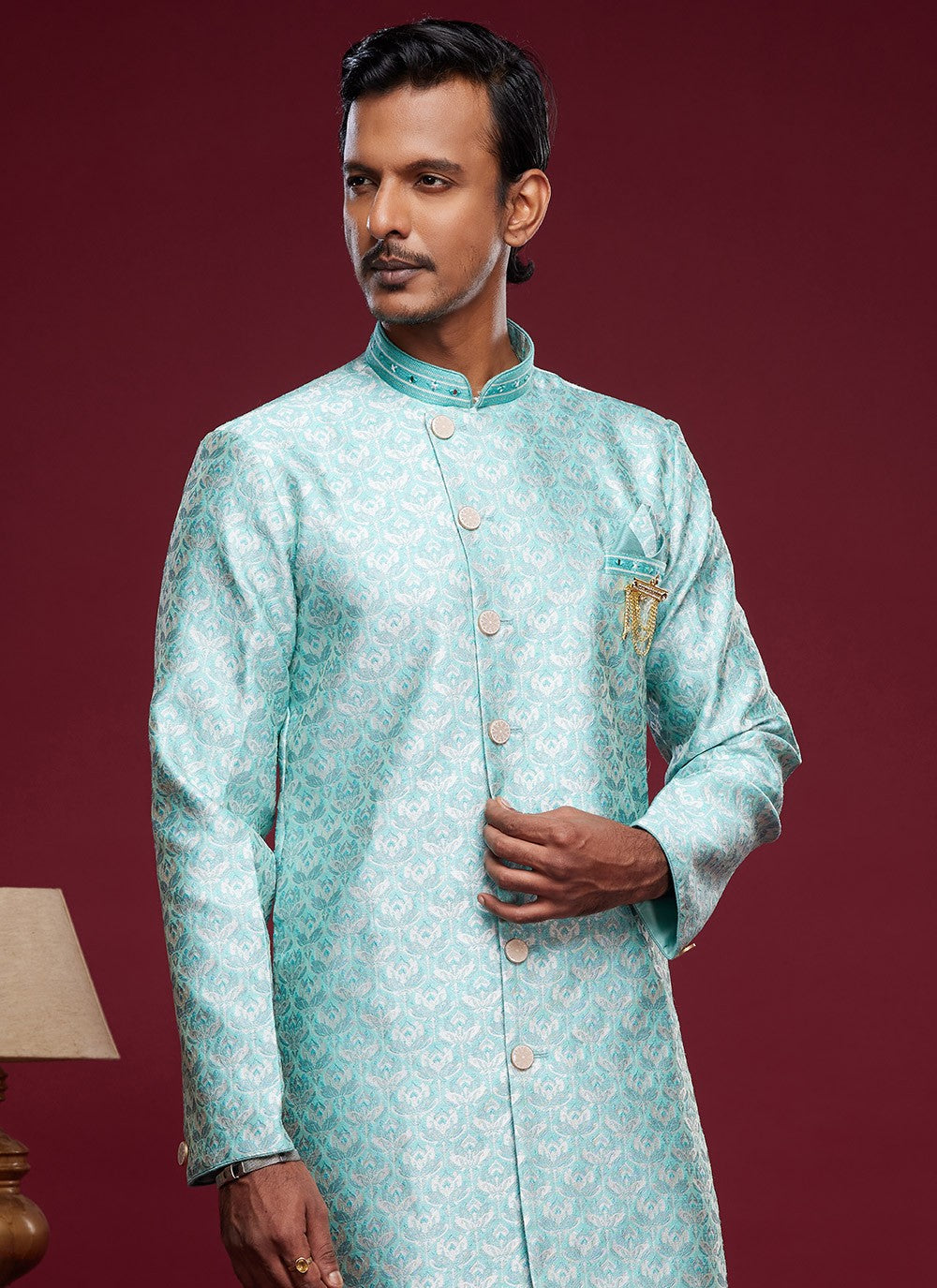 Embroidered Banarasi Jacquard Turquoise Indo Western - M6008