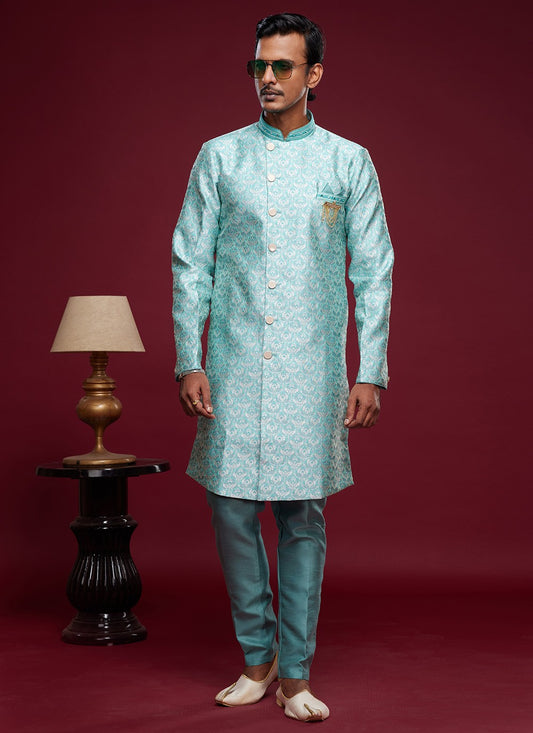 Embroidered Banarasi Jacquard Turquoise Indo Western - M6008