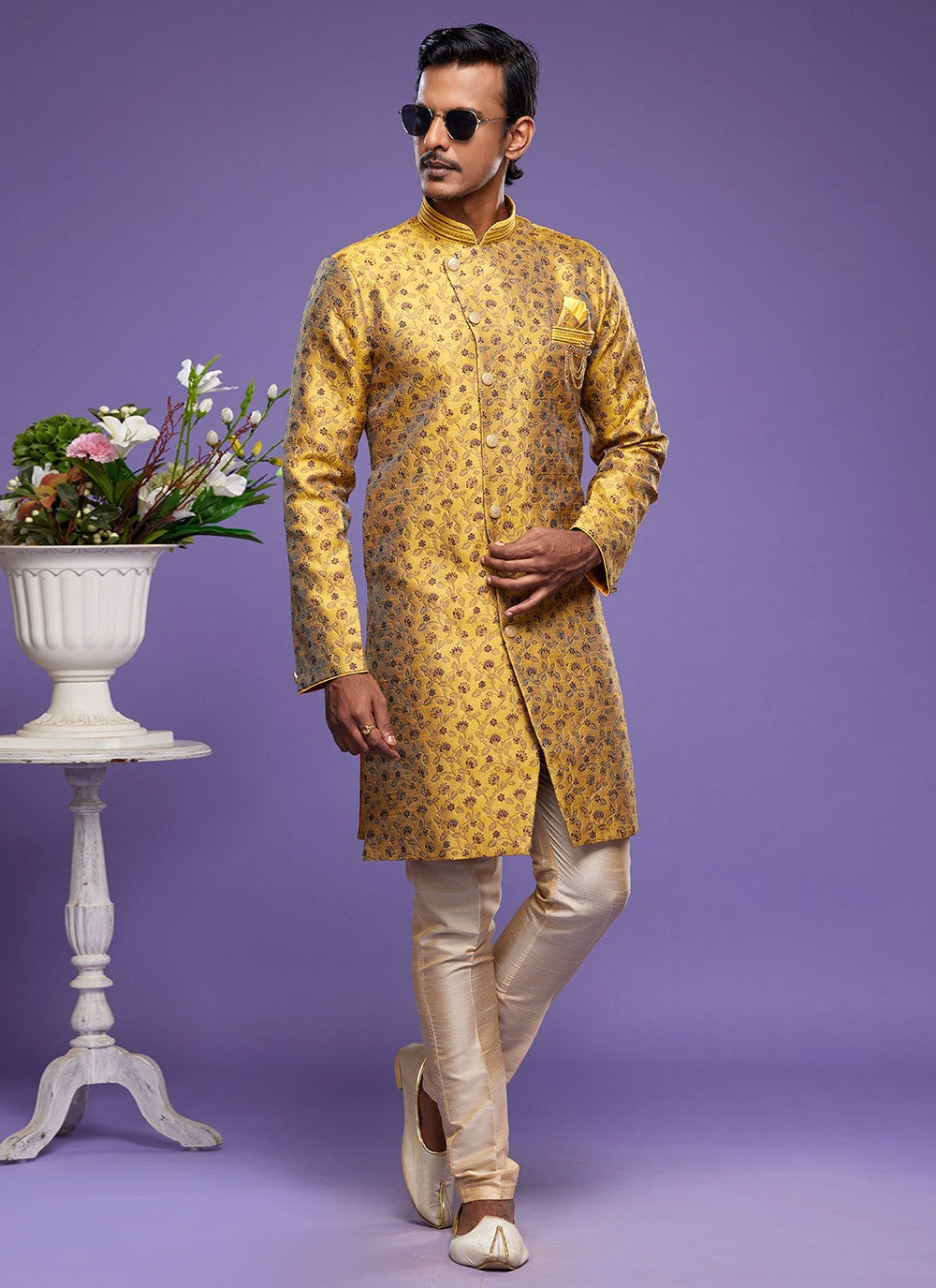 Embroidered Banarasi Jacquard Yellow Indo Western - M6014