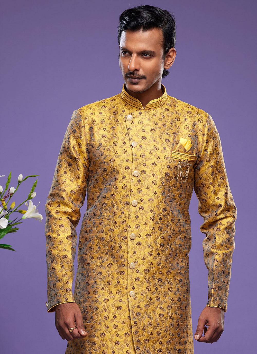 Embroidered Banarasi Jacquard Yellow Indo Western - M6014