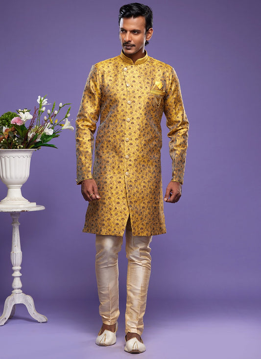 Embroidered Banarasi Jacquard Yellow Indo Western - M6014