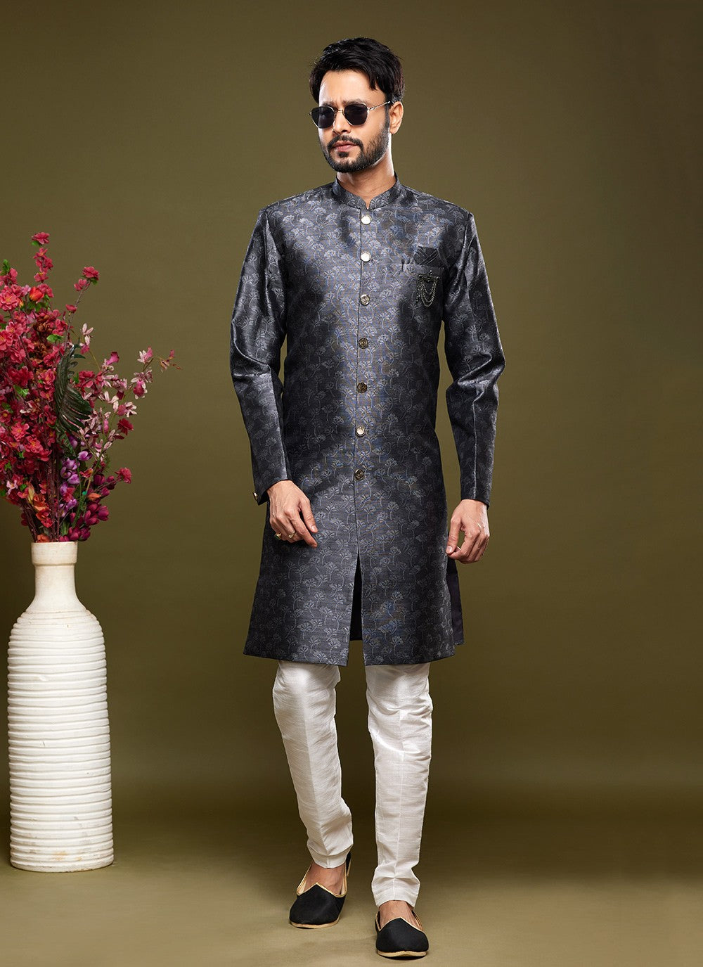 Fancy Work Banarasi Jacquard Black Indo Western - M5832