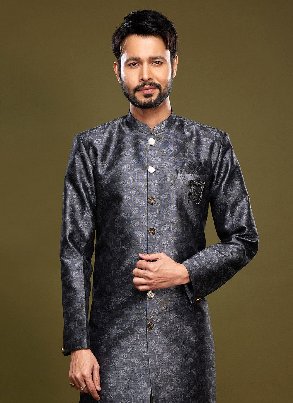 Fancy Work Banarasi Jacquard Black Indo Western - M5832