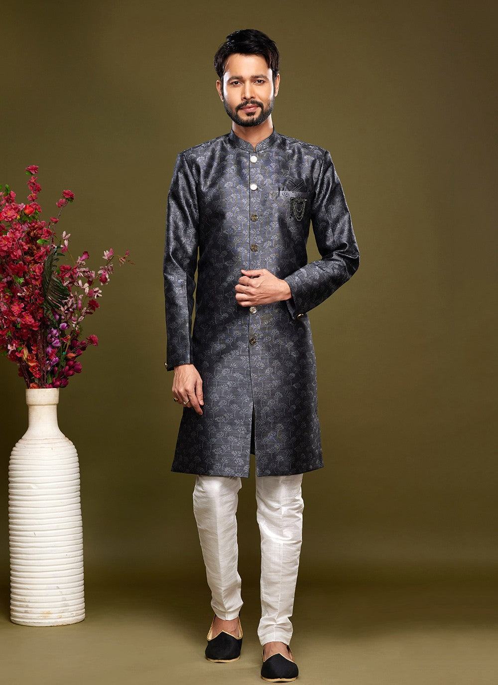 Fancy Work Banarasi Jacquard Black Indo Western - M5832