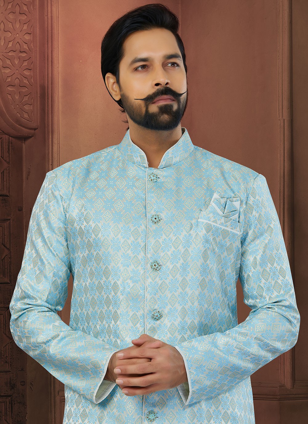 Fancy Work Banarasi Jacquard Firozi Indo Western Sherwani - M5802