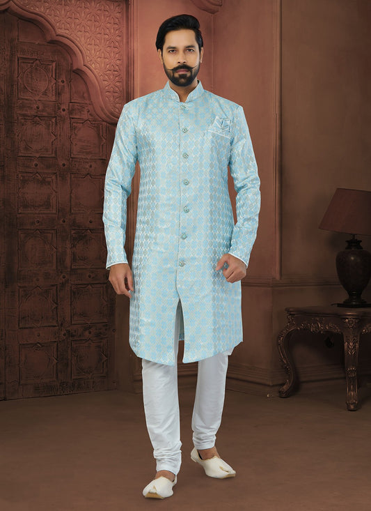 Fancy Work Banarasi Jacquard Firozi Indo Western Sherwani - M5802