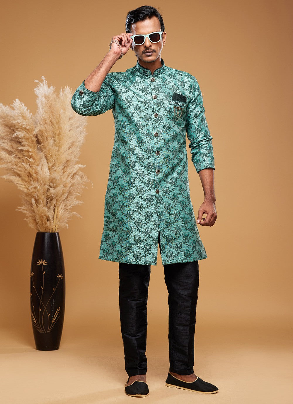 Embroidered Banarasi Jacquard Green Indo Western - M6016