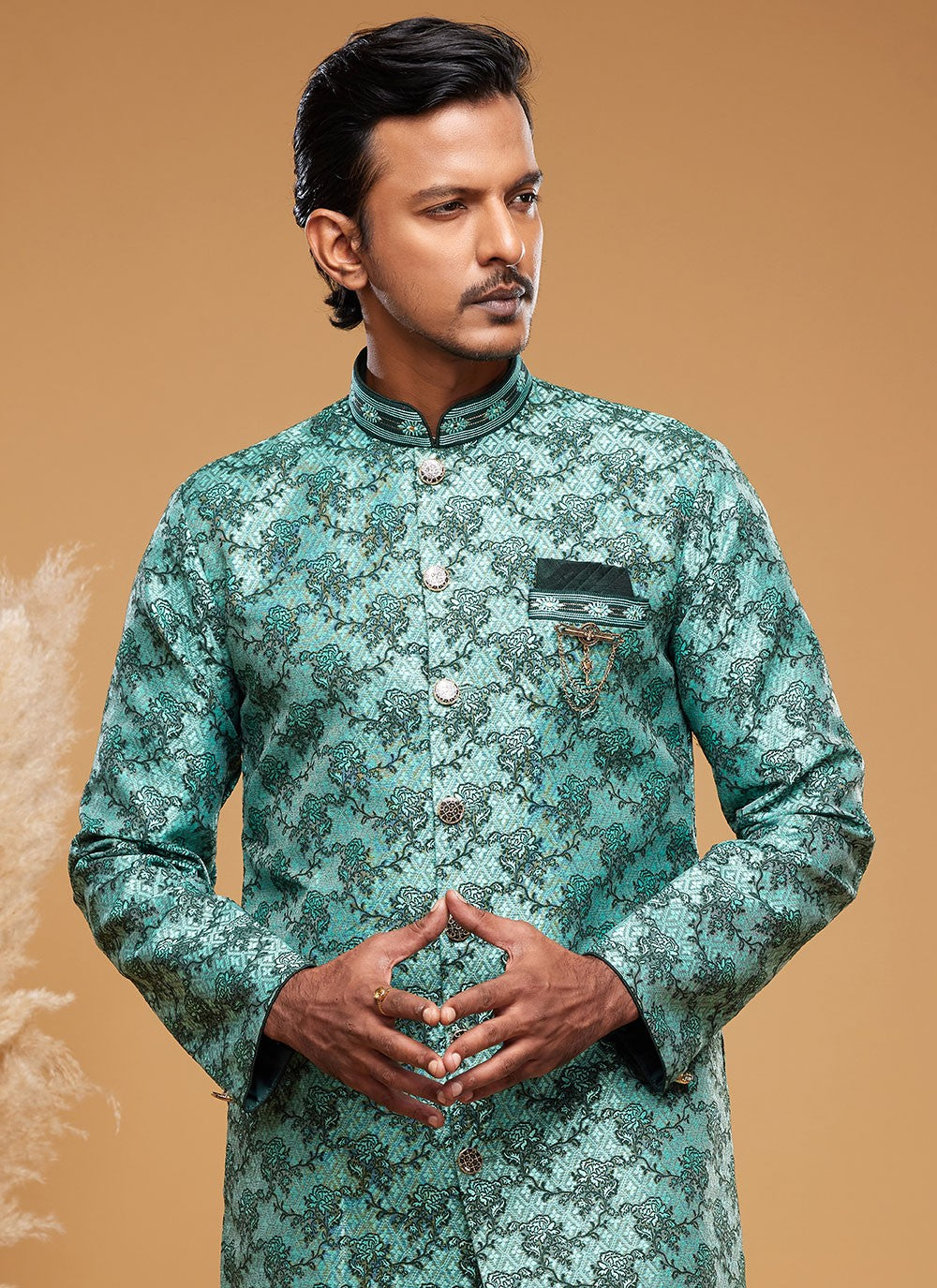 Embroidered Banarasi Jacquard Green Indo Western - M6016