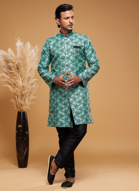 Embroidered Banarasi Jacquard Green Indo Western - M6016
