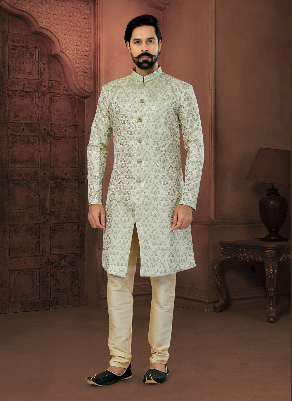 Fancy Work Banarasi Jacquard Green Indo Western Sherwani - M5800