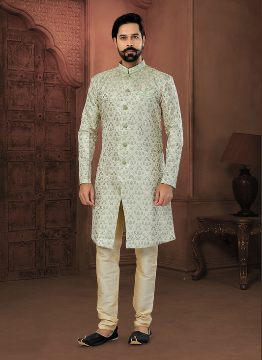 Fancy Work Banarasi Jacquard Green Indo Western Sherwani - M5800