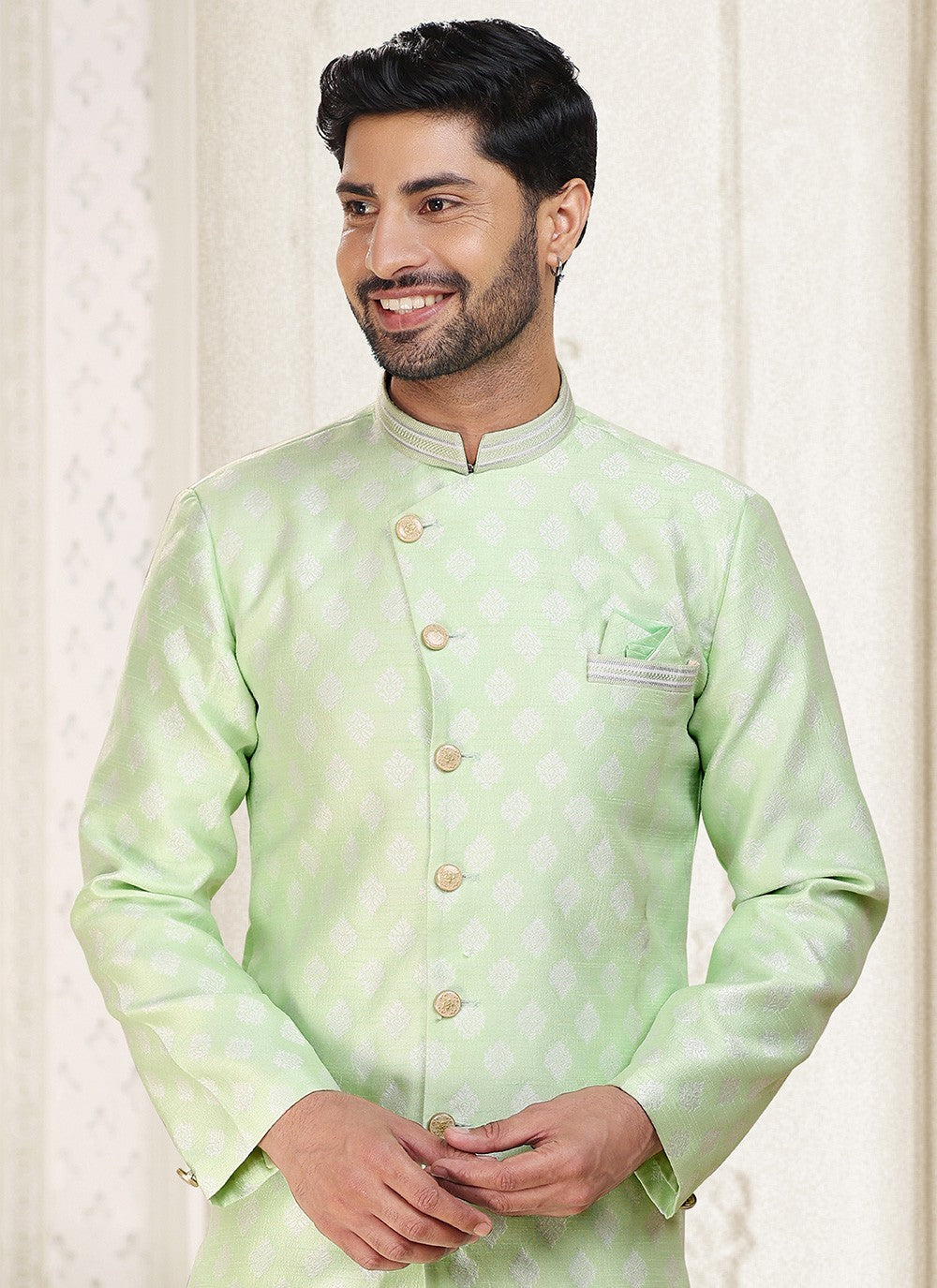 Jacquard Work Banarasi Jacquard Green Indo Western - M5279