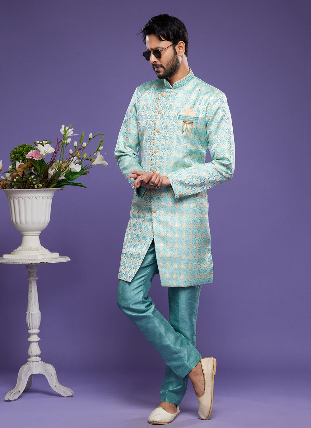 Embroidered Banarasi Jacquard Turquoise Indo Western - M5824
