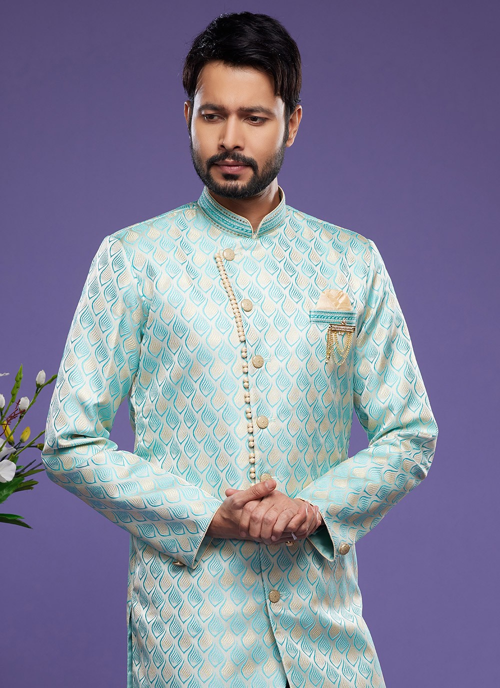 Embroidered Banarasi Jacquard Turquoise Indo Western - M5824