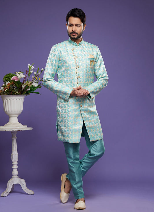 Embroidered Banarasi Jacquard Turquoise Indo Western - M5824