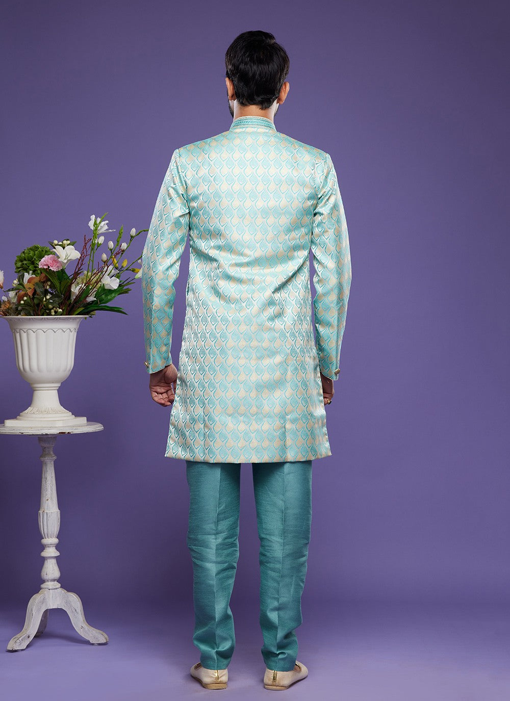 Embroidered Banarasi Jacquard Turquoise Indo Western - M5824