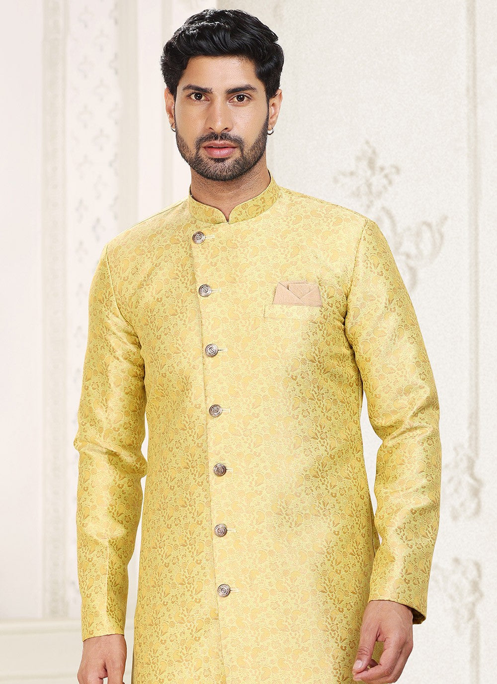 Jacquard Work Banarasi Jacquard Yellow Indo Western - M5289