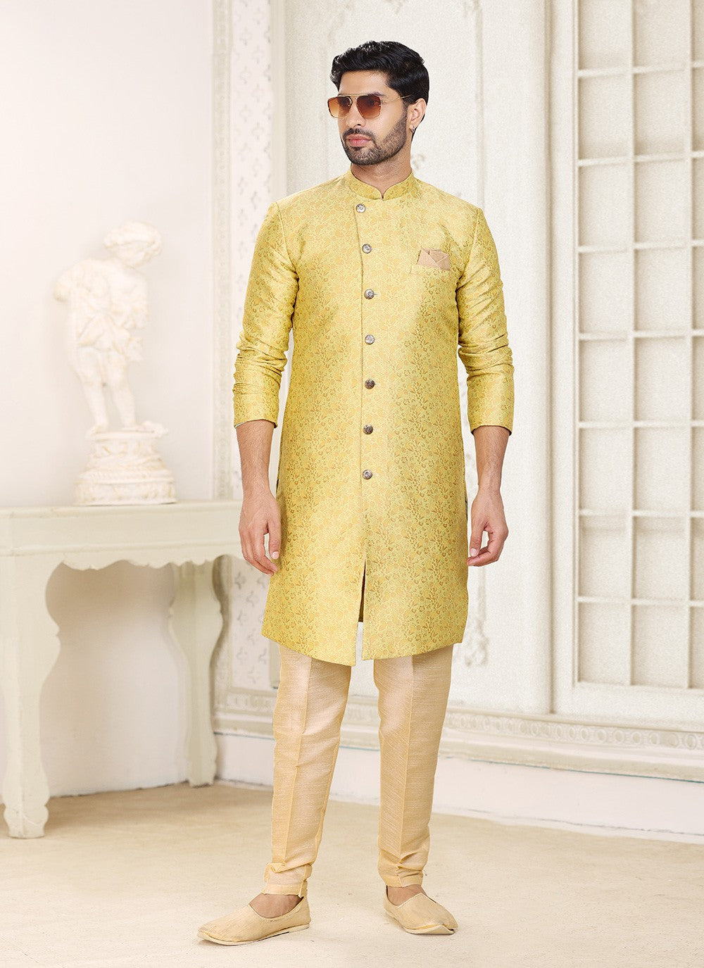 Jacquard Work Banarasi Jacquard Yellow Indo Western - M5289