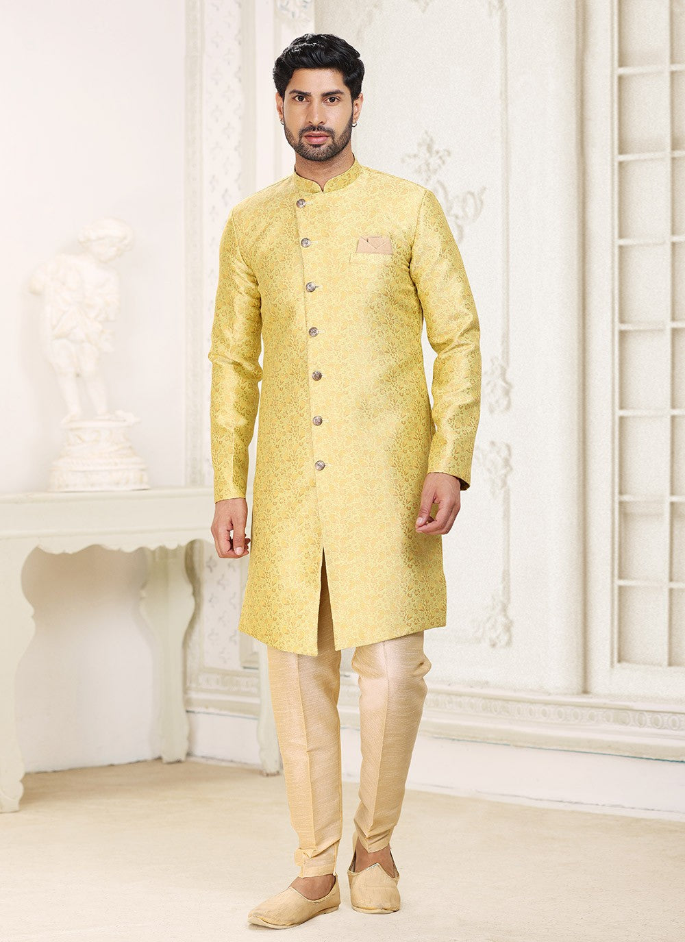 Jacquard Work Banarasi Jacquard Yellow Indo Western - M5289