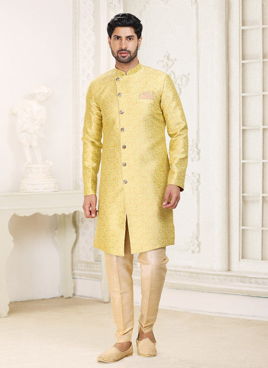 Jacquard Work Banarasi Jacquard Yellow Indo Western - M5289