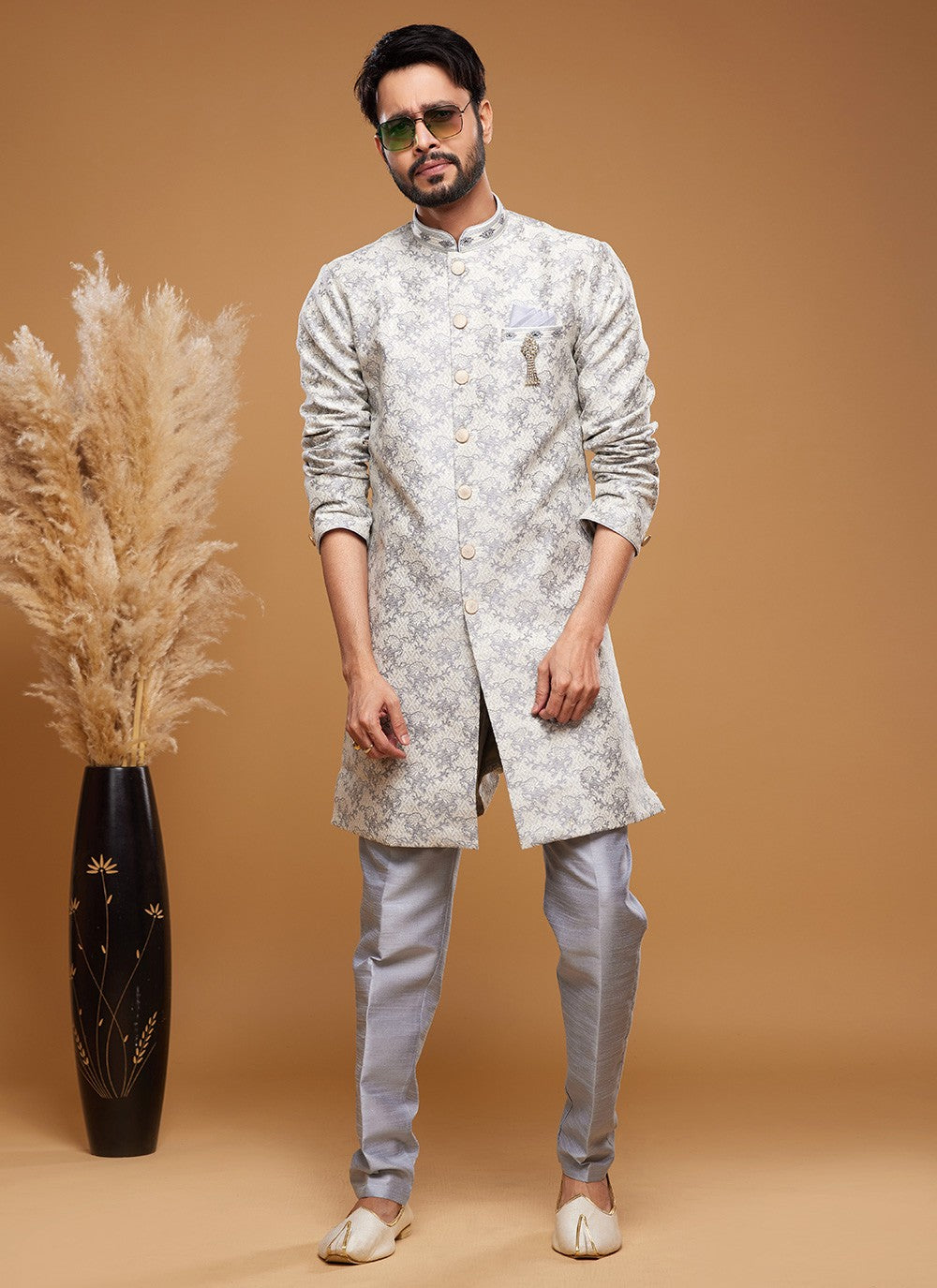 Embroidered Banarasi Jacquard Off White Indo Western - M6015