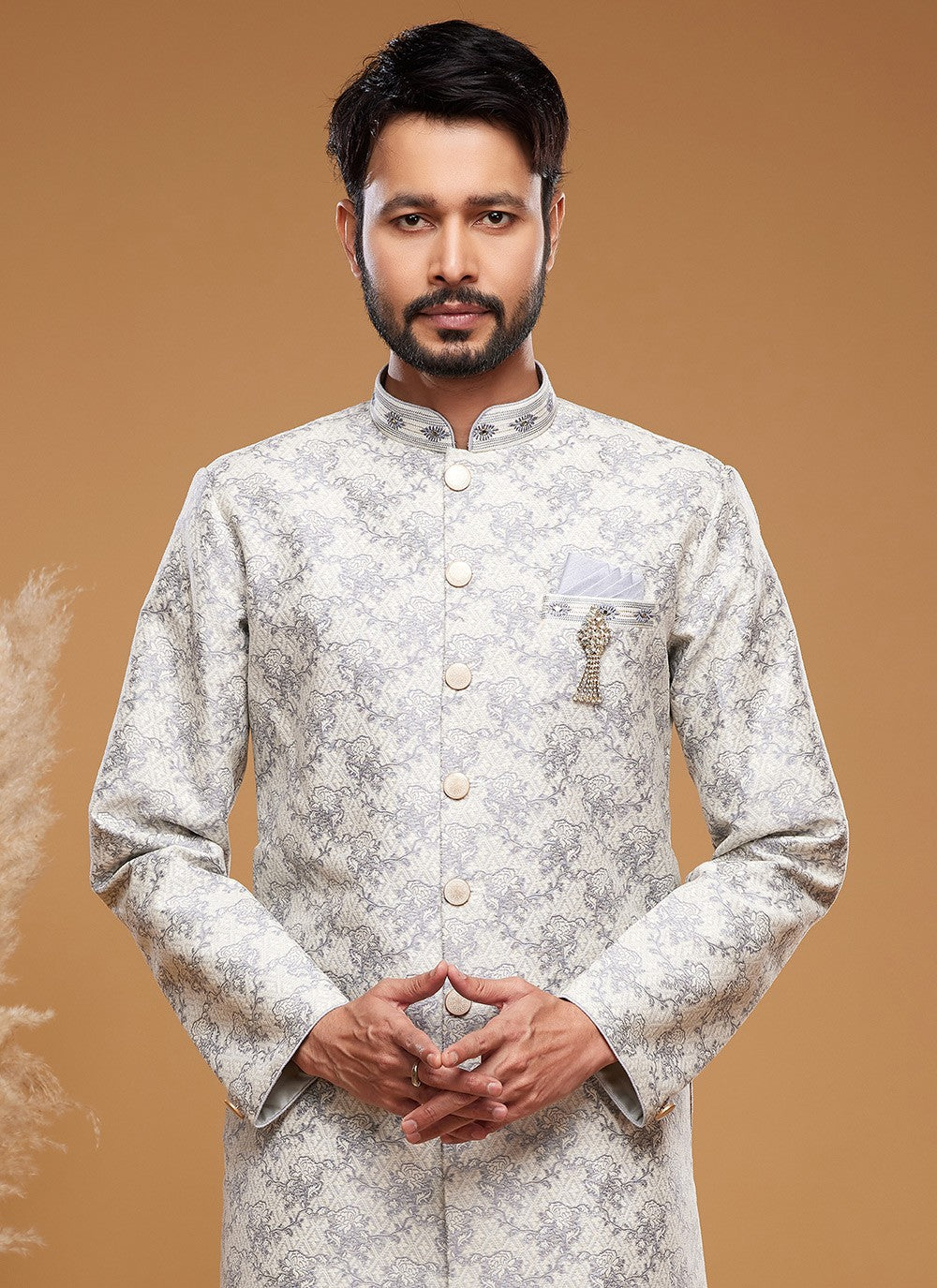 Embroidered Banarasi Jacquard Off White Indo Western - M6015
