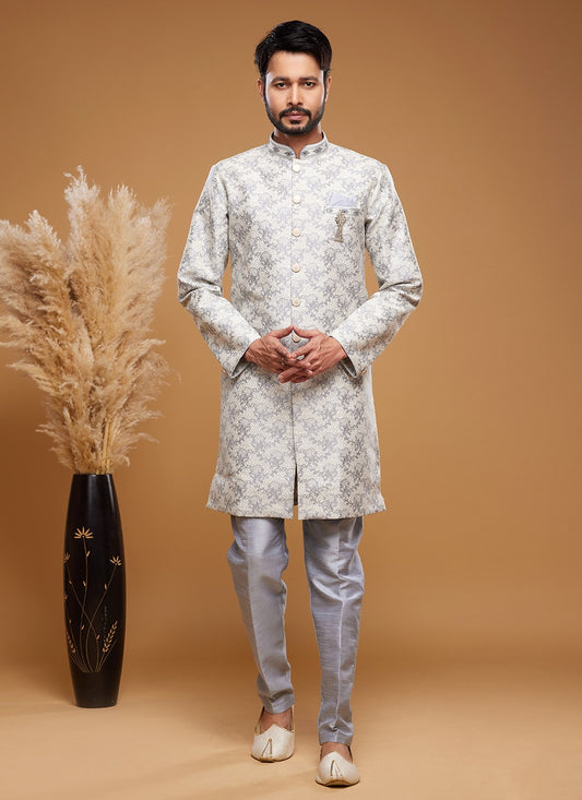 Embroidered Banarasi Jacquard Off White Indo Western - M6015