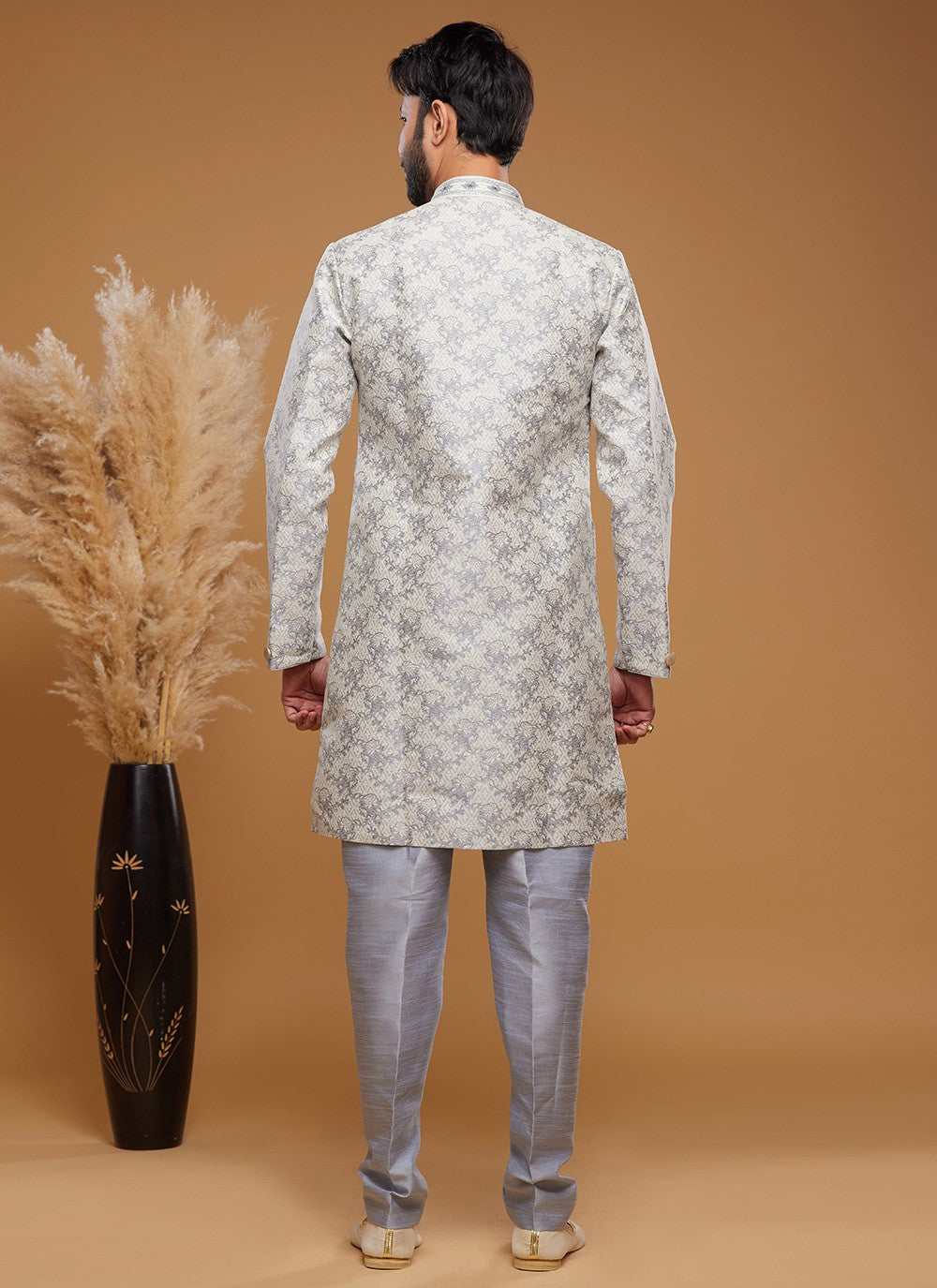 Embroidered Banarasi Jacquard Off White Indo Western - M6015