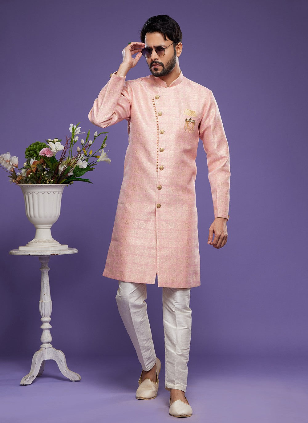 Fancy Work Banarasi Jacquard Pink Indo Western - M5828