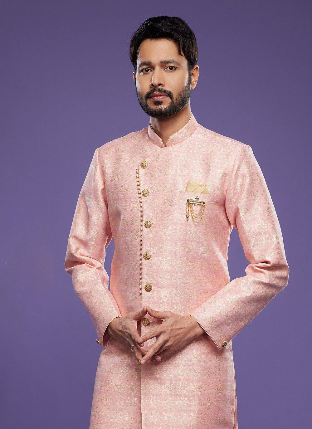Fancy Work Banarasi Jacquard Pink Indo Western - M5828