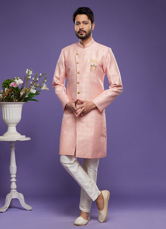 Fancy Work Banarasi Jacquard Pink Indo Western - M5828