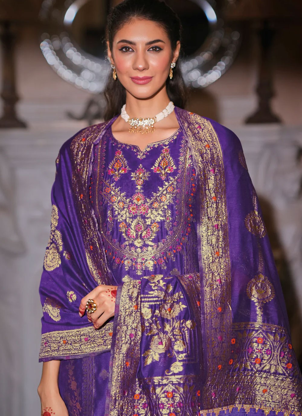 Jacquard Work Banarasi Jacquard Violet Salwar Suit T6108
