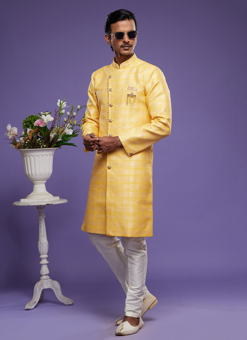 Fancy Work Banarasi Jacquard Yellow Indo Western - M5827