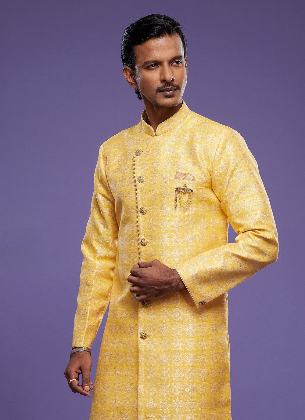 Fancy Work Banarasi Jacquard Yellow Indo Western - M5827