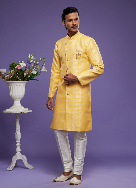 Fancy Work Banarasi Jacquard Yellow Indo Western - M5827