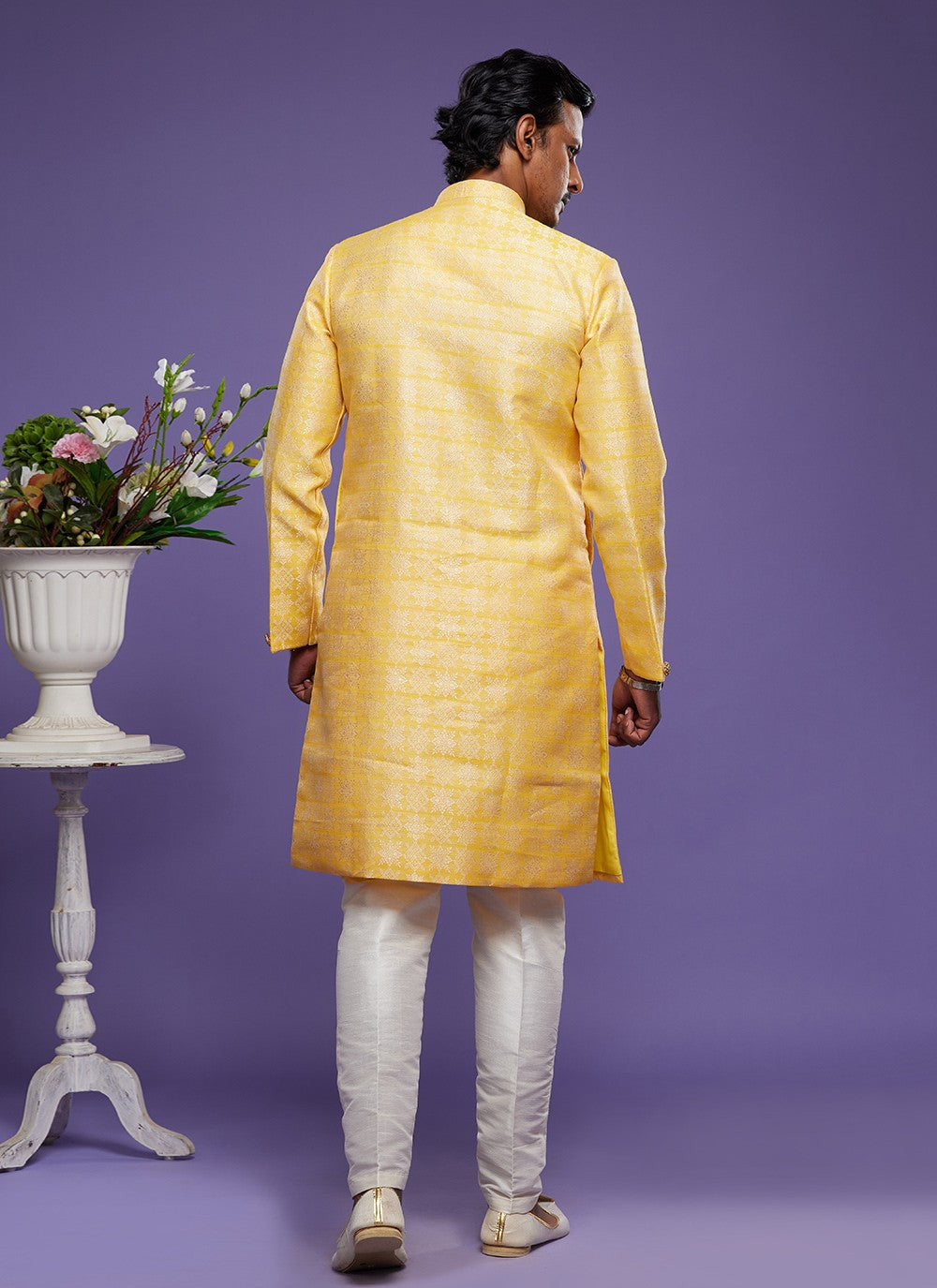 Fancy Work Banarasi Jacquard Yellow Indo Western - M5827