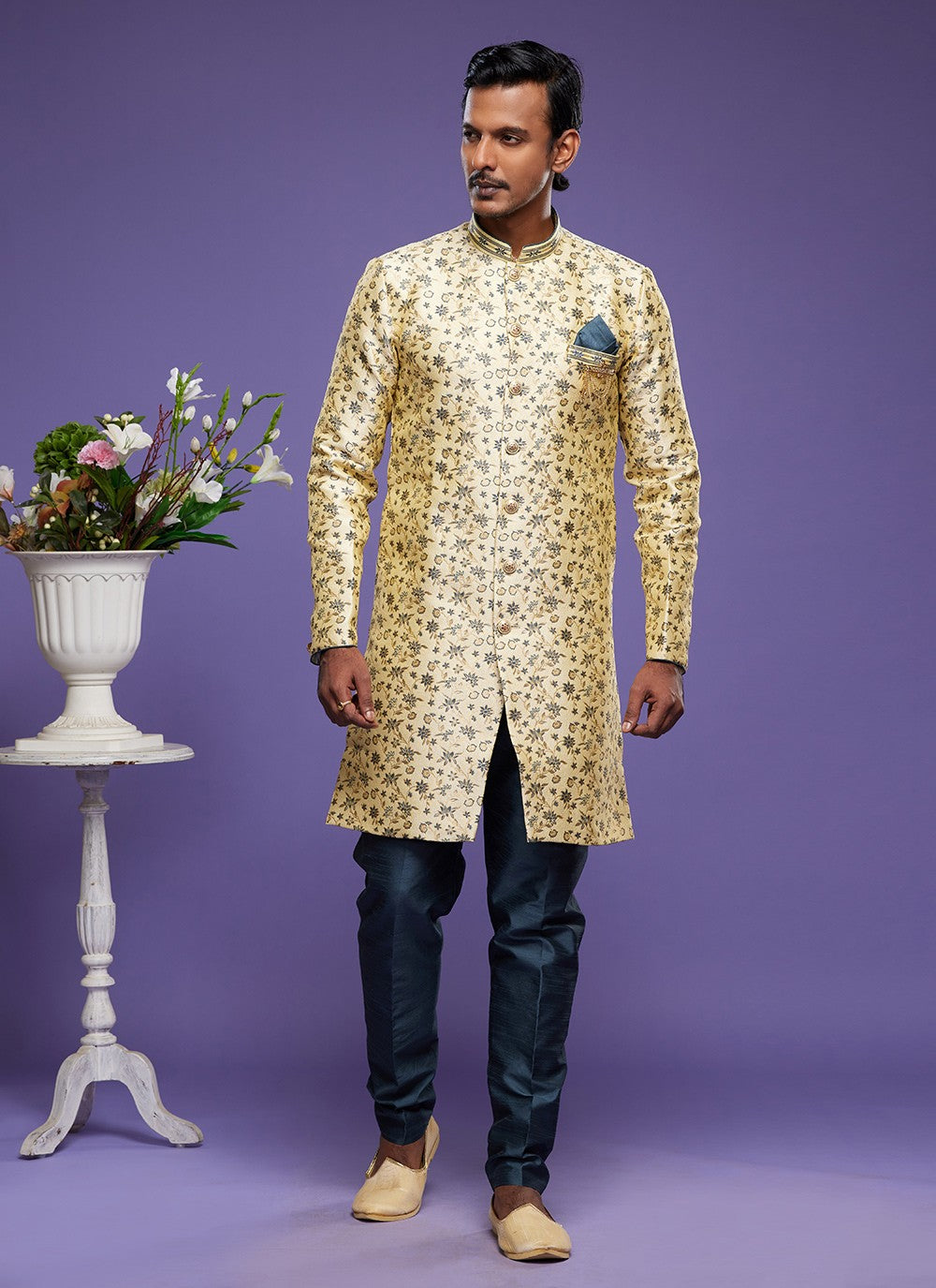 Embroidered Banarasi Jacquard Yellow Indo Western - M6011