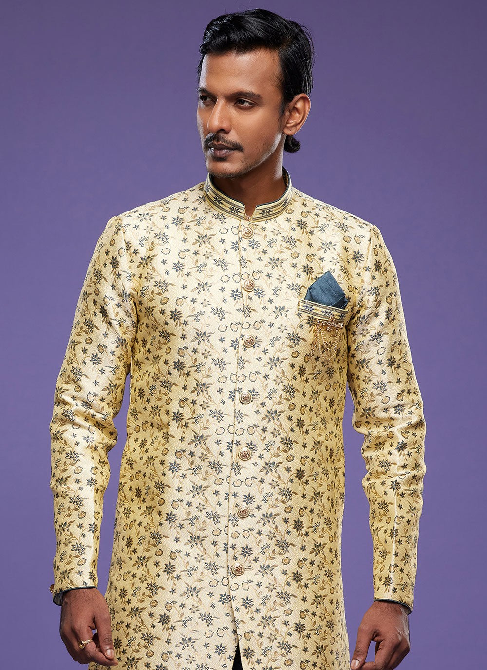 Embroidered Banarasi Jacquard Yellow Indo Western - M6011
