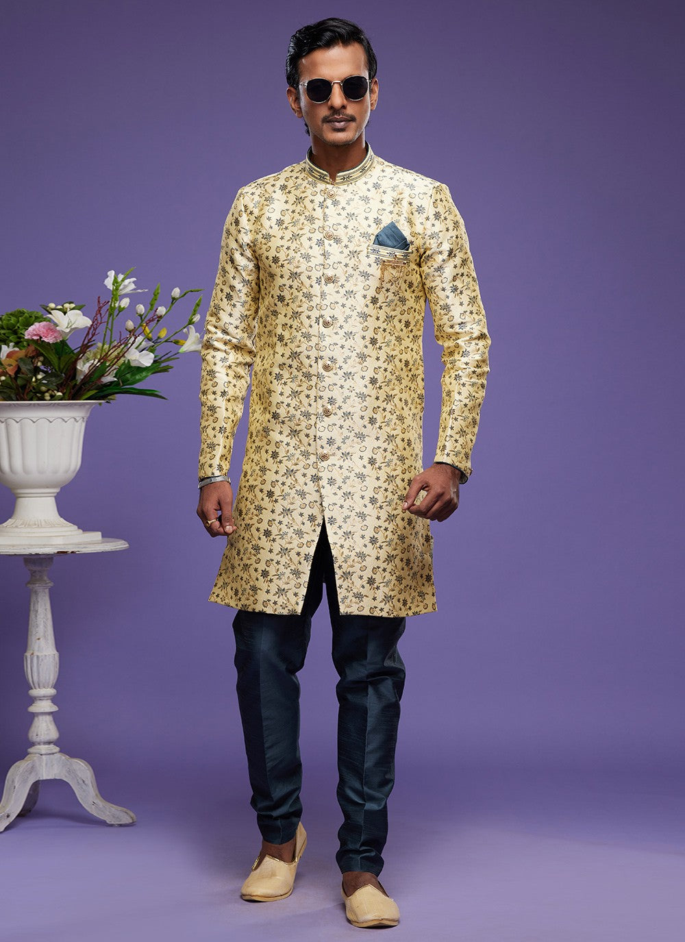 Embroidered Banarasi Jacquard Yellow Indo Western - M6011