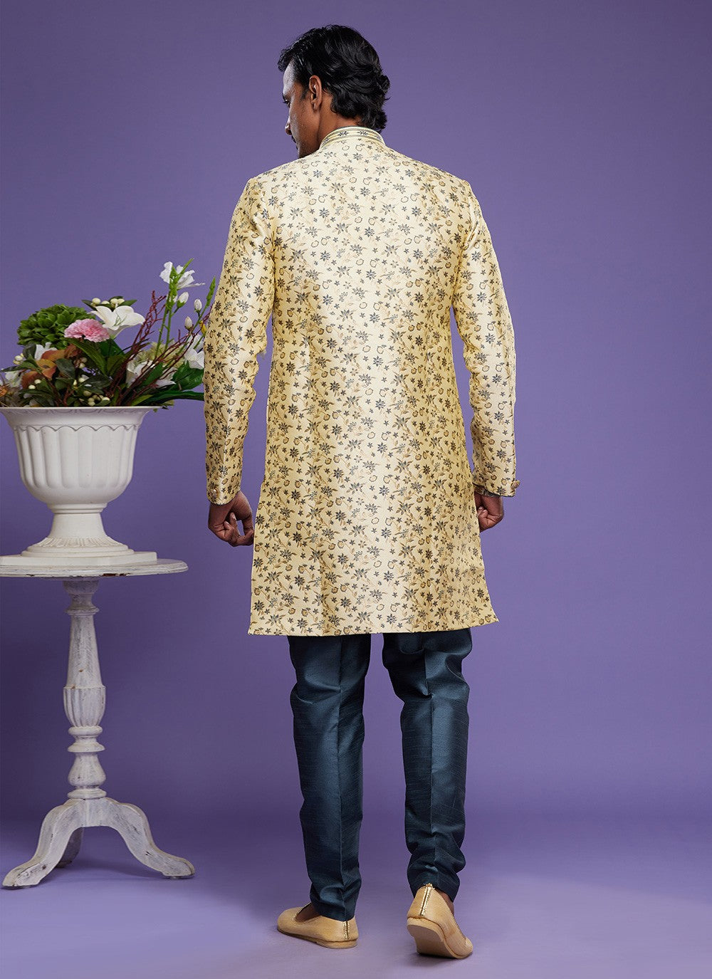 Embroidered Banarasi Jacquard Yellow Indo Western - M6011