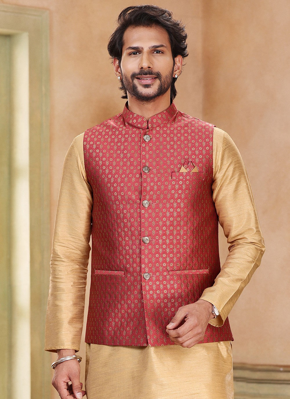 Fancy Work Banarasi Silk, Jacquard Beige, Maroon Kurta Payjama With Jacket - M5363
