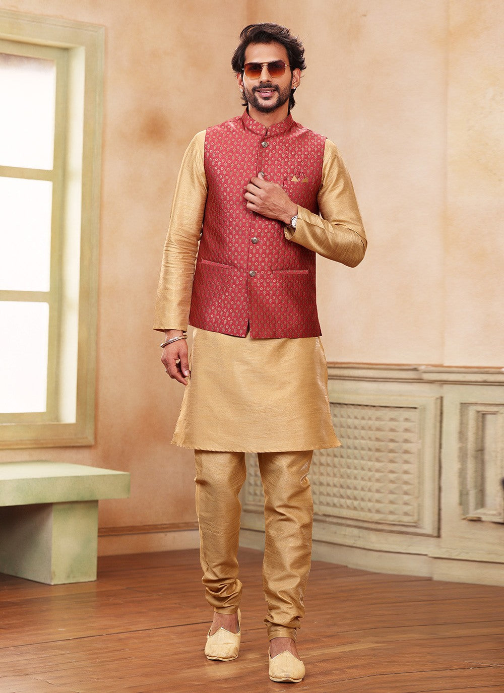 Fancy Work Banarasi Silk, Jacquard Beige, Maroon Kurta Payjama With Jacket - M5363
