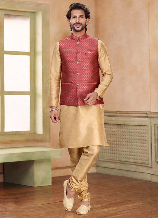Fancy Work Banarasi Silk, Jacquard Beige, Maroon Kurta Payjama With Jacket - M5363