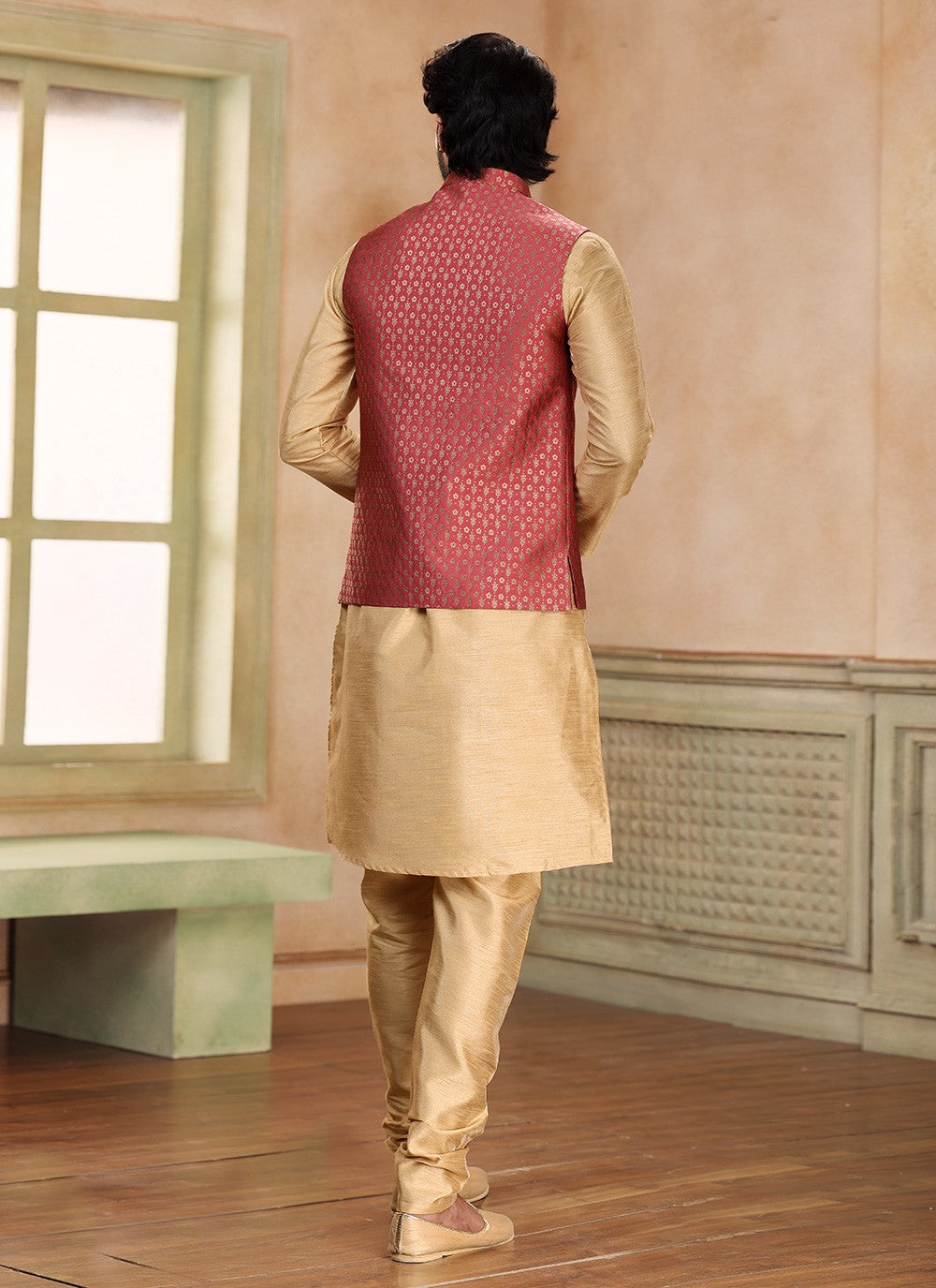 Fancy Work Banarasi Silk, Jacquard Beige, Maroon Kurta Payjama With Jacket - M5363
