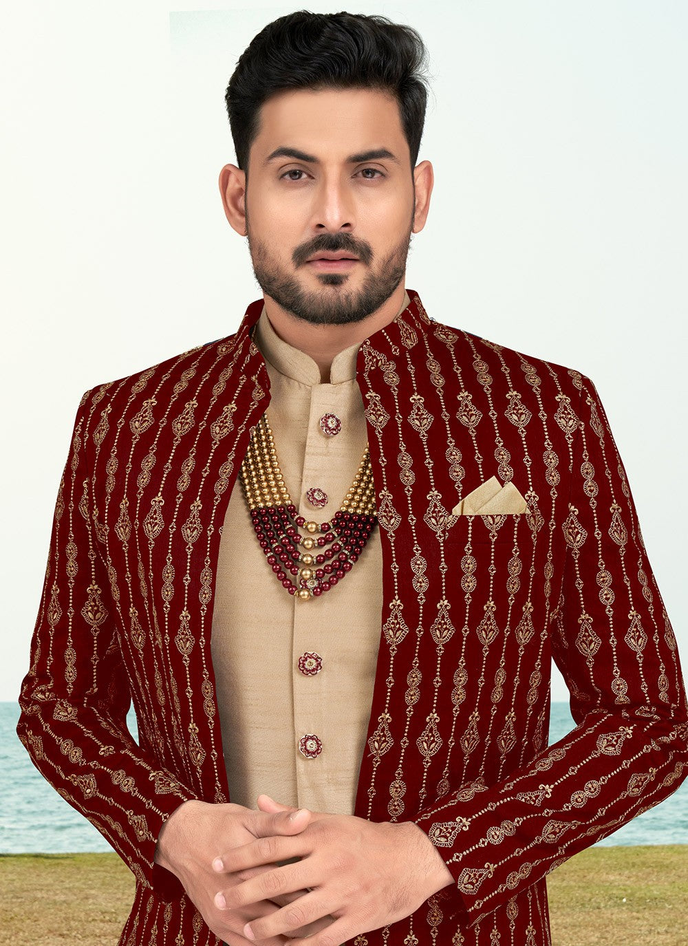 Machine Embroidery Banarasi Silk Beige, Maroon Sherwani - M6771