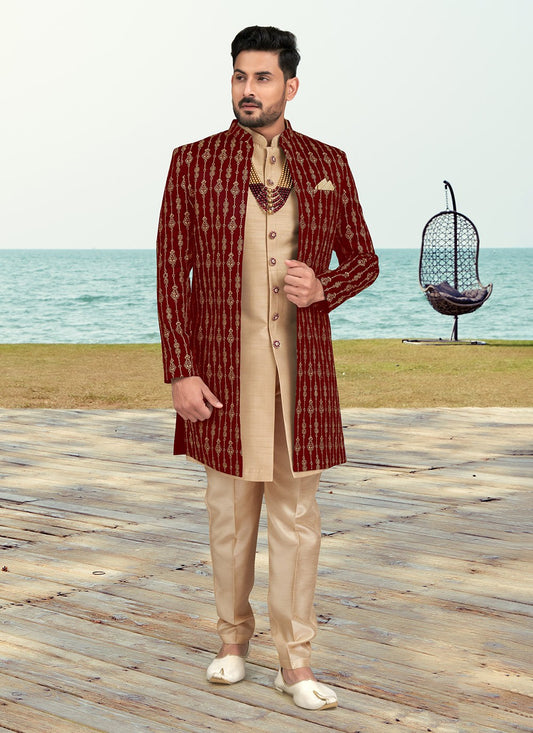 Machine Embroidery Banarasi Silk Beige, Maroon Sherwani - M6771