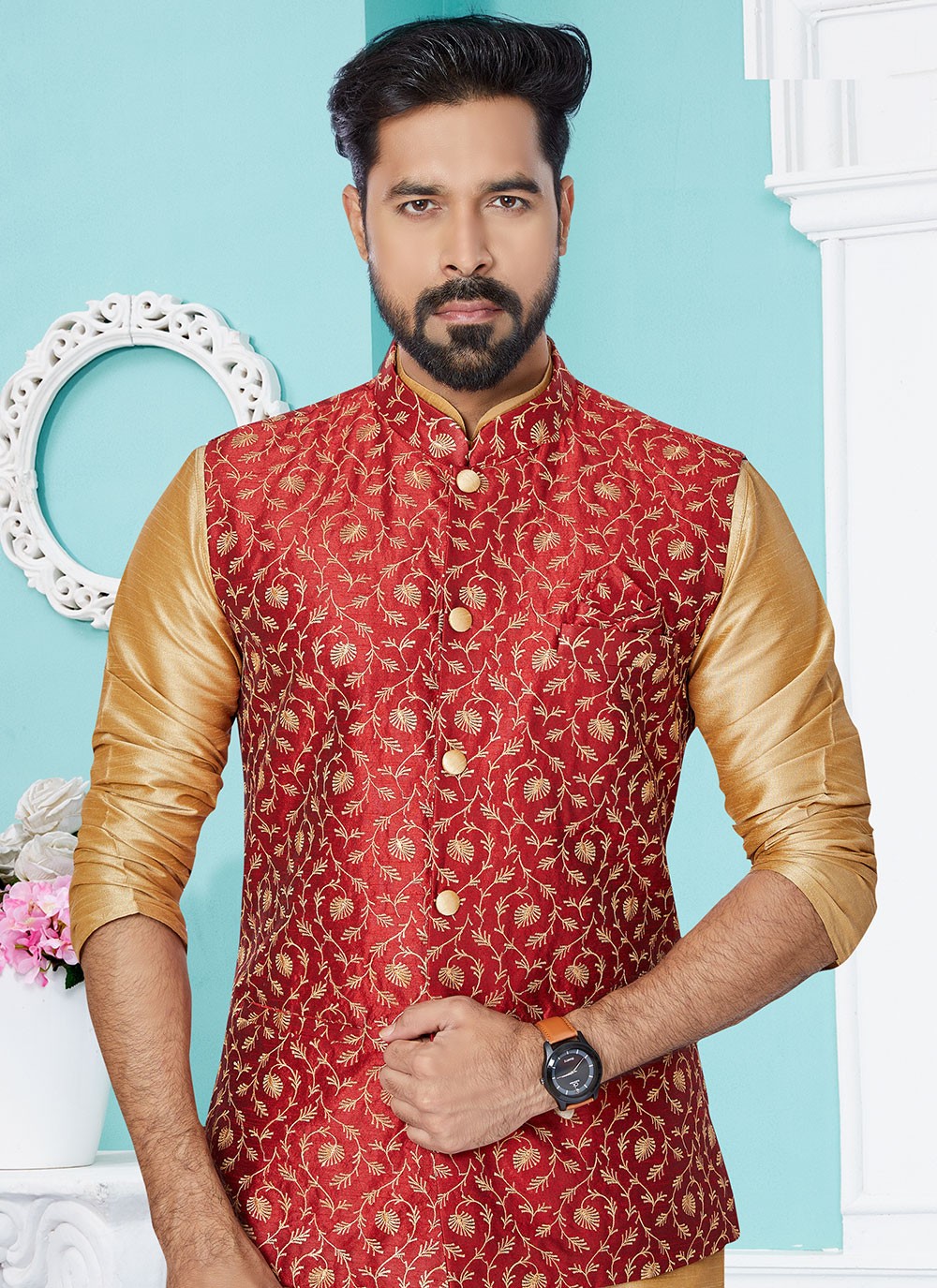 Fancy Work Banarasi Silk Beige, Red Kurta Payjama With Jacket - M5304