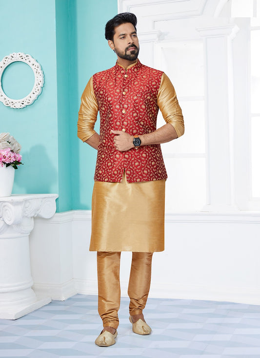 Fancy Work Banarasi Silk Beige, Red Kurta Payjama With Jacket - M5304