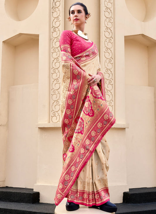 Weaving Zari Banarasi Silk Beige Saree S14668